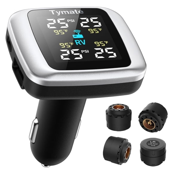 Tymate TM7 Wireless RV TPMS Tire Pressure Monitoring System, 4 Sensors with Support for 5 Tires, 6 Alarm Modes, 0-144 PSI, Large Color LCD Screen for RV Truck SUV Sedan