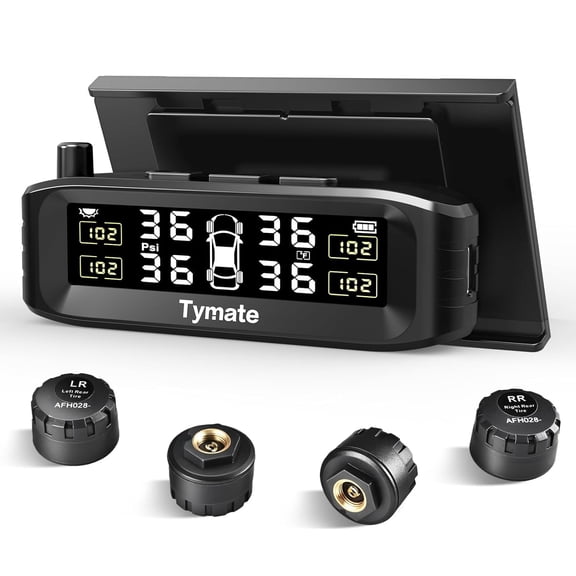 Tymate TM8 Wireless RV TPMS with 4 Sensors, Windshield Mount, 6 Alarm Modes, 0-87 PSI, Solar & USB Charging, Color LCD Display Compatible with RV, SUV and Vehicles