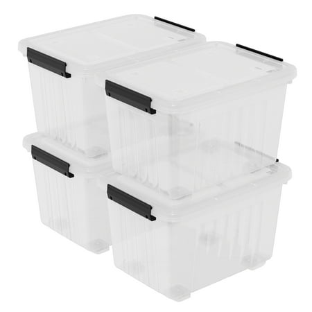30 L Stackable Storage Bins with Lids, Clear Plastic Storage Containers, Stackable Organization Boxes with Secure Latching Lids/Wheels, Set of 4
