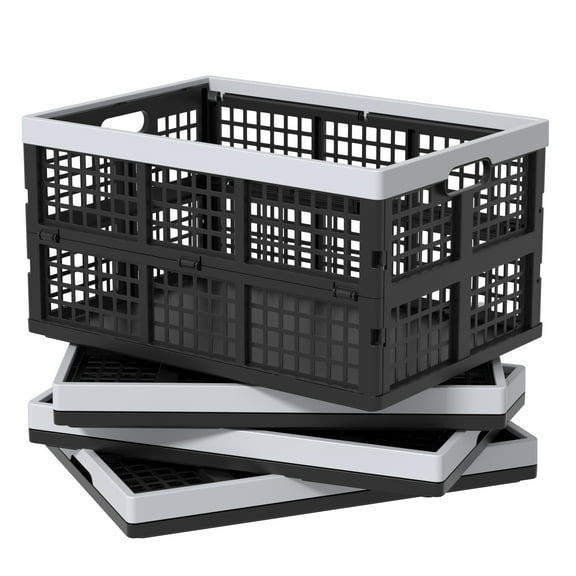 Tyminin 40 L Large Collapsible Storage Crates, Black Plastic Stackable Storage Crates, 4 Pack