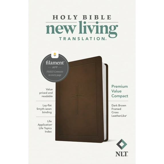 Tyndale House Publishers 331943 NLT Premium Value Compact Bible Filament Enabled-Dark Brown Framed Cross L