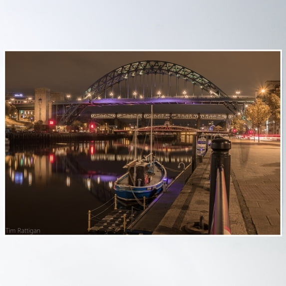 Tyne Bridge In Newcastle With Docked Boat Poster Wall Art, Modern Wall Decor, 12x18 UNFRAMED