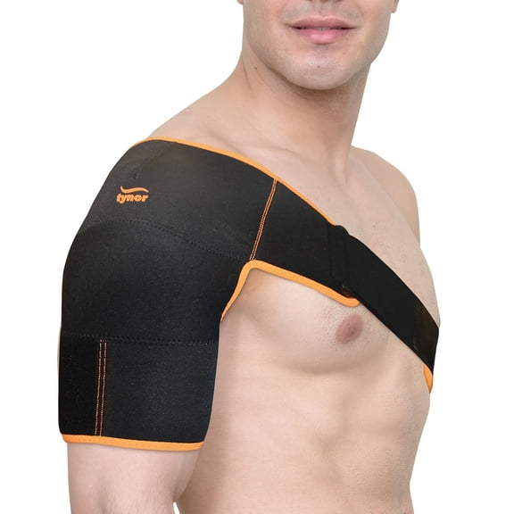 Tynor Shoulder Support Double Lock (Neo), Neoprene Compression for Stability & Comfort | For Sports, Cricket, Tennis & Gym | Adjustable Shoulder Brace - Black & Orange, Universal Size, 1 Unit