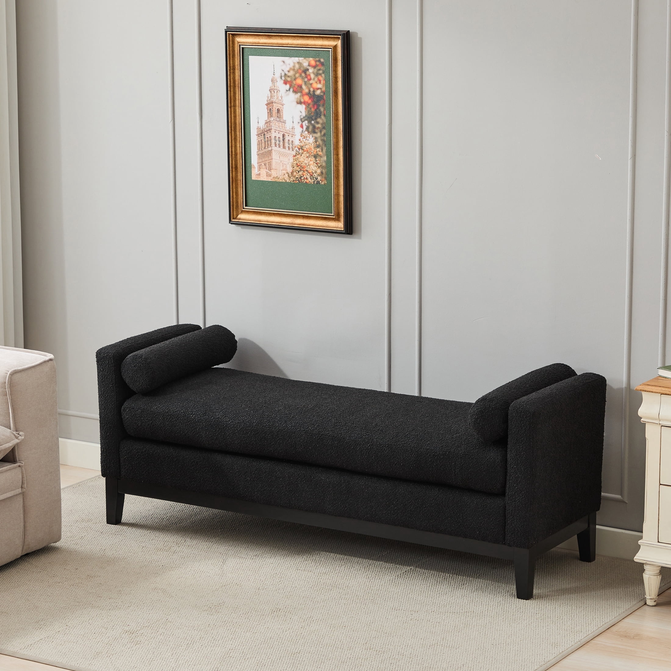 Tynzuro 66'' Upholstered Boucle Bench with Bolster Pillow, Fits King ...