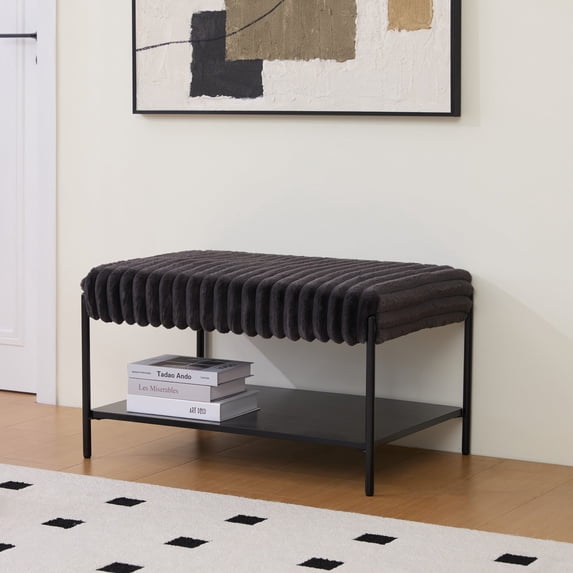 Tynzuro Rectangle Upholstered Ottoman with Shelf, Soft Plush Storage Bench for Entryway/Living Room, Charcoal
