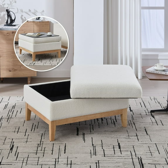 Tynzuro Rectangular Boucle Storage Ottoman with Reversible Lid for Living Room, Ivory-Natural Wood