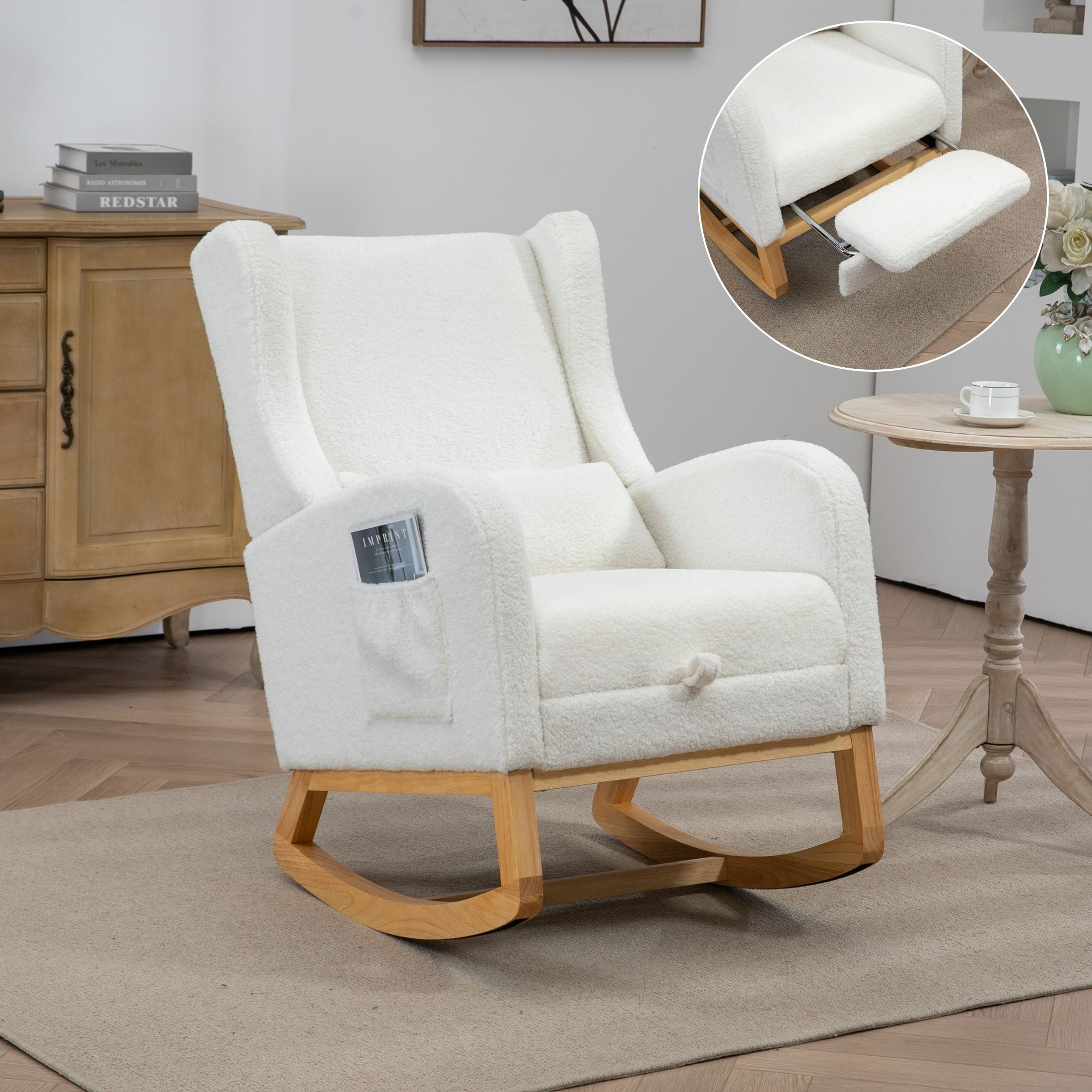 Tynzuro Sherpa Rocking Chair with Adjustable Footrest and Storage ...