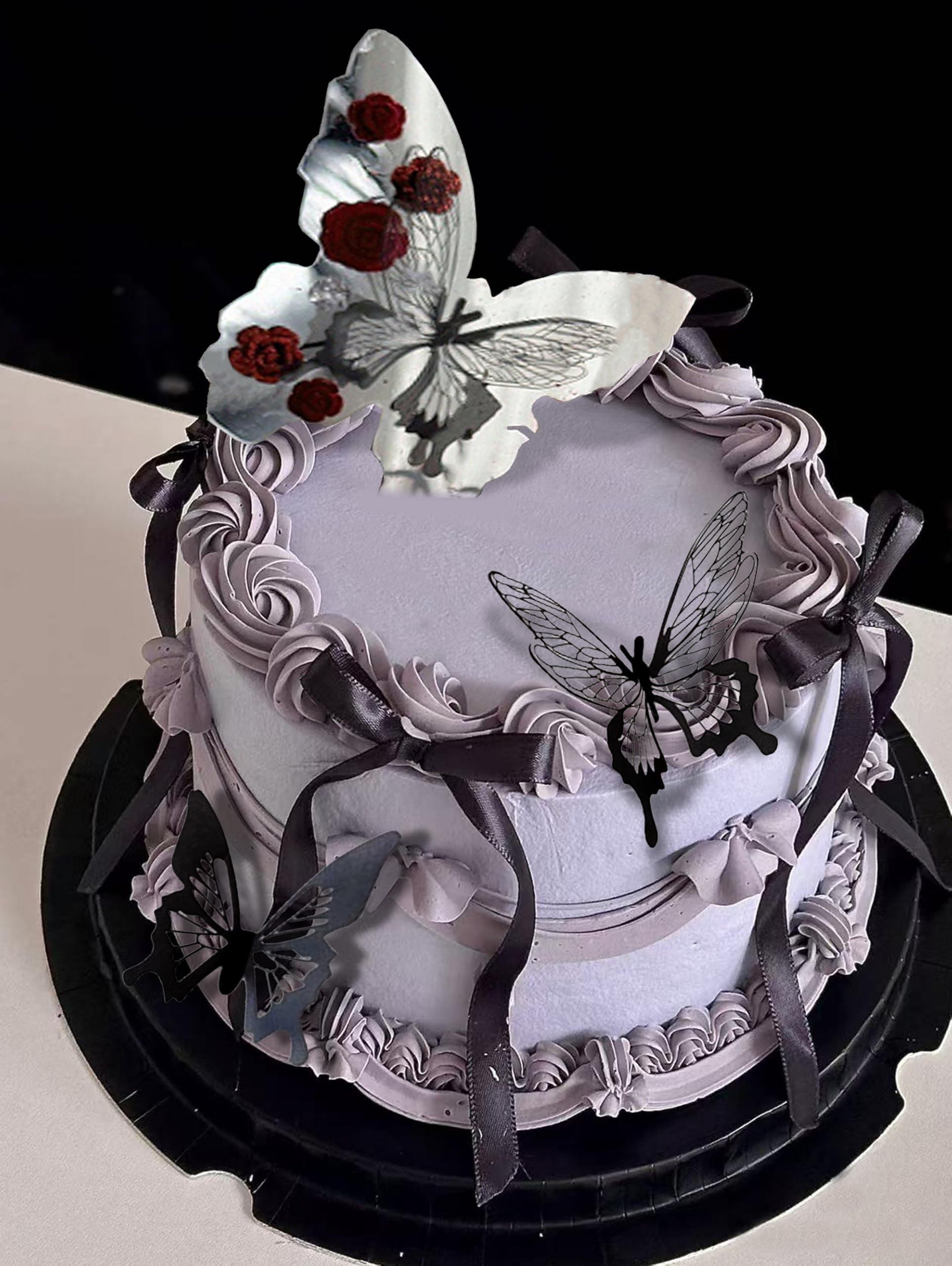 Tyotrbs Bow Cake Topper Set - Black Satin Ribbon Bows & Gold "Happy Birthday" Headband For Vintage/Coquette Parties
