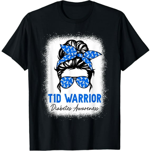 Type 1 Diabetes T1D Warrior Blue Ribbon Diabetes Awareness T-ShirtMen's and women's gift, black and white T-shirt, size: Extra large S-4XL