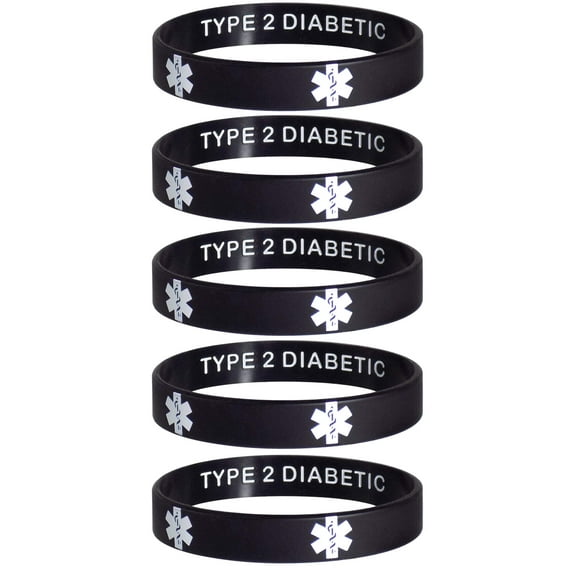 Type 2 Diabetic Medical Alert ID Privacy Enhanced Silicone Bracelets Wristbands 5 Pack