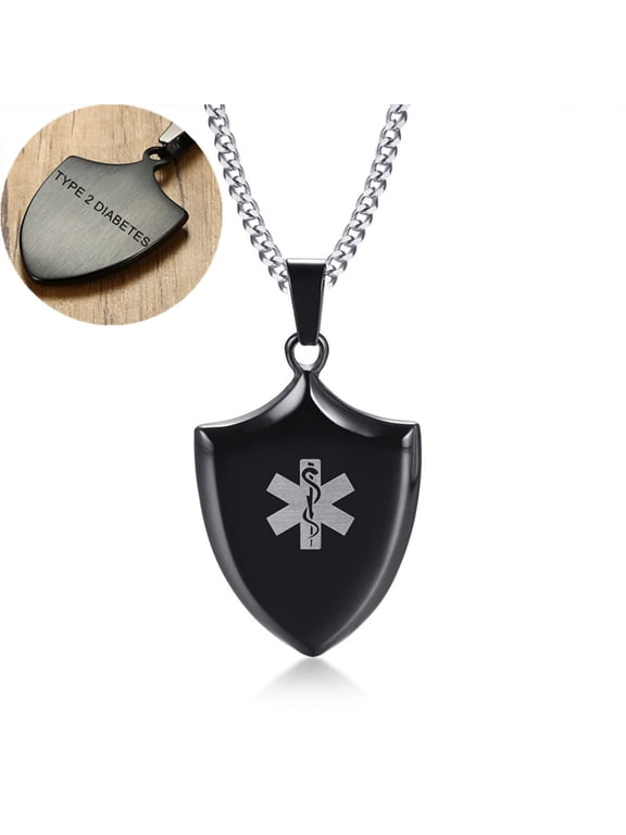 Type 2 Diabetic Stainless Steel ICE SOS Personalized Medical Alert ID Shield Tag Pendant Necklace Monitoring Emergency for Friend Grandpa Dad Husband Son,Type 2 Diabetic