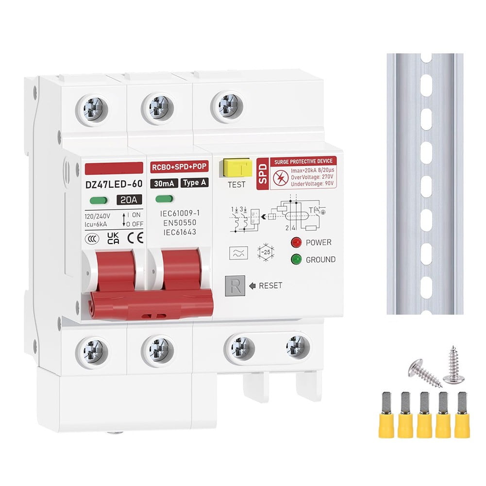 Type A 2P Residual Current Circuit Breaker 30Ma 120V/240V Flash Protection 6Ka Breaking Capacity Surge & Overload Protection Din Rail Mount Household Electrical Safety Device 20A