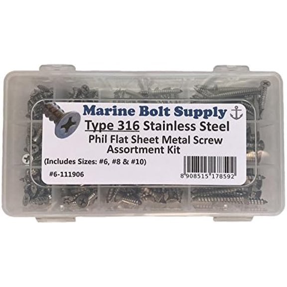 Type 316 Stainless Steel Phillips Drive Flat Head Sheet Metal Screw Kit - 6-111906$$Hardware