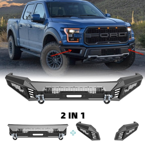Type-A 2 IN 1 Front Bumper Assembly(Mid-Width Front Bumper+Side Wings) w/2*4" LED Pod Lights+2 x D Shackles For 2018 2019 2020 Ford F-150(Exclude Raptor)