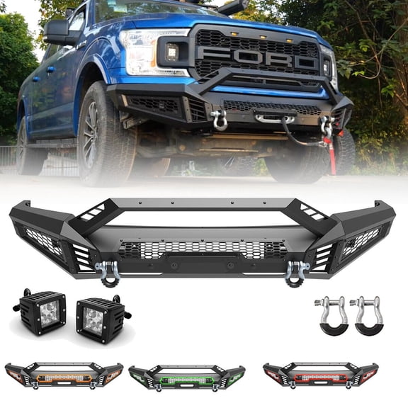 Type-A 3 IN 1 Front Bumper Assembly(Mid-Width Front Bumper+Side Wings+Bull Bar) w/2*4" LED Pod Lights For 2018 2019 2020 Ford F-150(Exclude Raptor)