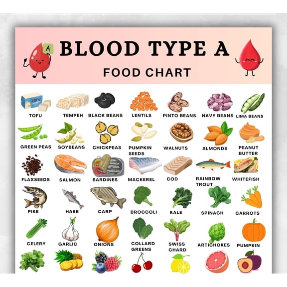 Type A Blood Food List Poster, Type A Blood Chart, Type A Blood Food Selection, Type A Grocery List Poster, Type A Blood Diet Poster