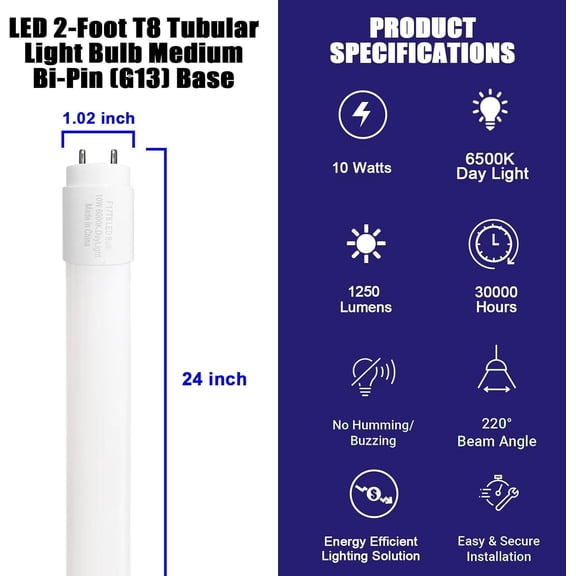 Type B F17T8 LED Replacement, 24 Inch Light Bulb 10W, 2ft LED Tube F20T12 Replacement Bulb for Cabinet,Store,Shop, G13 Base Double Side Power Input Ballast Bypass, Daylight 1250Lm 6 Pack