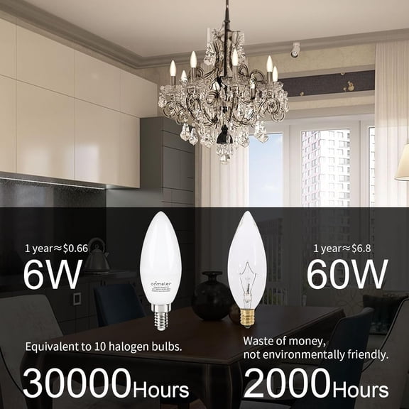 Type B Small Light Bulb, Candelabra LED Light Bulb E12 Small Base 4000K Neutral White - 60watt Equivalent,600LM,Non-Dimmable Candelabra Bulbs, Pack of 6, Non-Dimmable