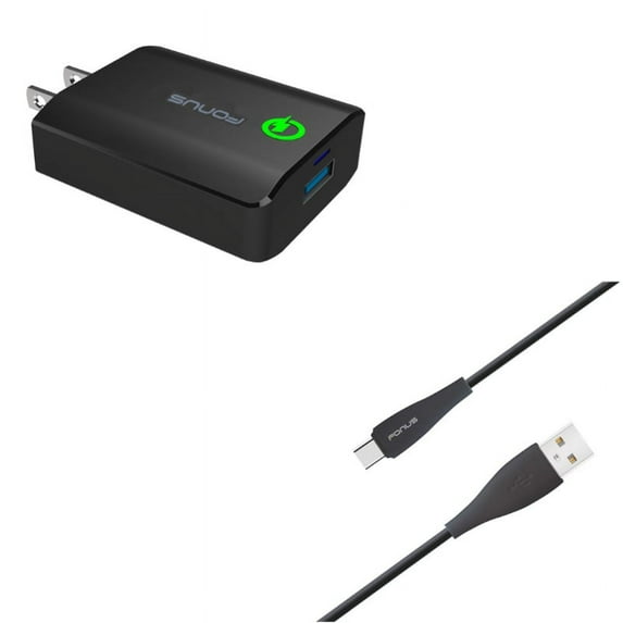 Type-C 10ft USB Cable w Fast 18W Home Charger E1J for Motorola One, Moto Z4 Z3 Play Z2 Play Z Play Droid Force Droid X4 G7 Power Play G6 - Nokia 3.1, 7.1, 8, Plus - OnePlus 5T, 6, 6T, 7 Pro