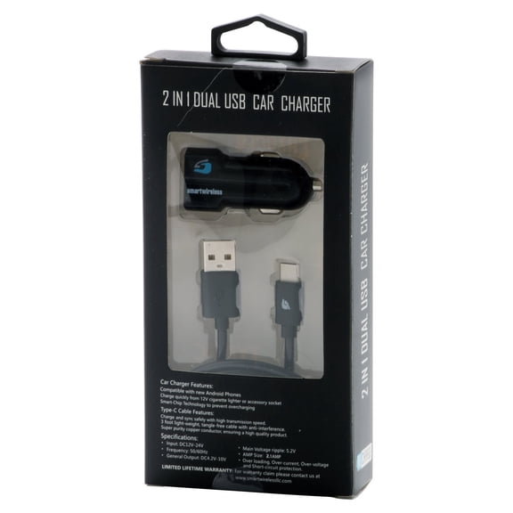 Type C 2n1 2.1amp Dual USB Car Charger 3ft Black