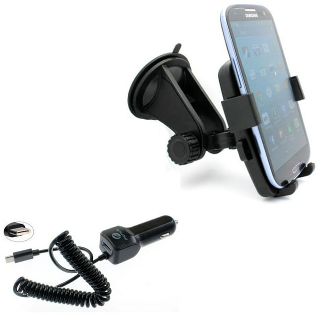 Type-C 3.1A Charger w Holder Windshield Car Mount P2W for Acer Liquid Jade Primo - Alcatel PulseMix, 7, Idol 5S 5 4S - ASUS Zenfone V Live, ROG Phone, AR 6 5z 4 Pro - Blackberry Motion, Key2