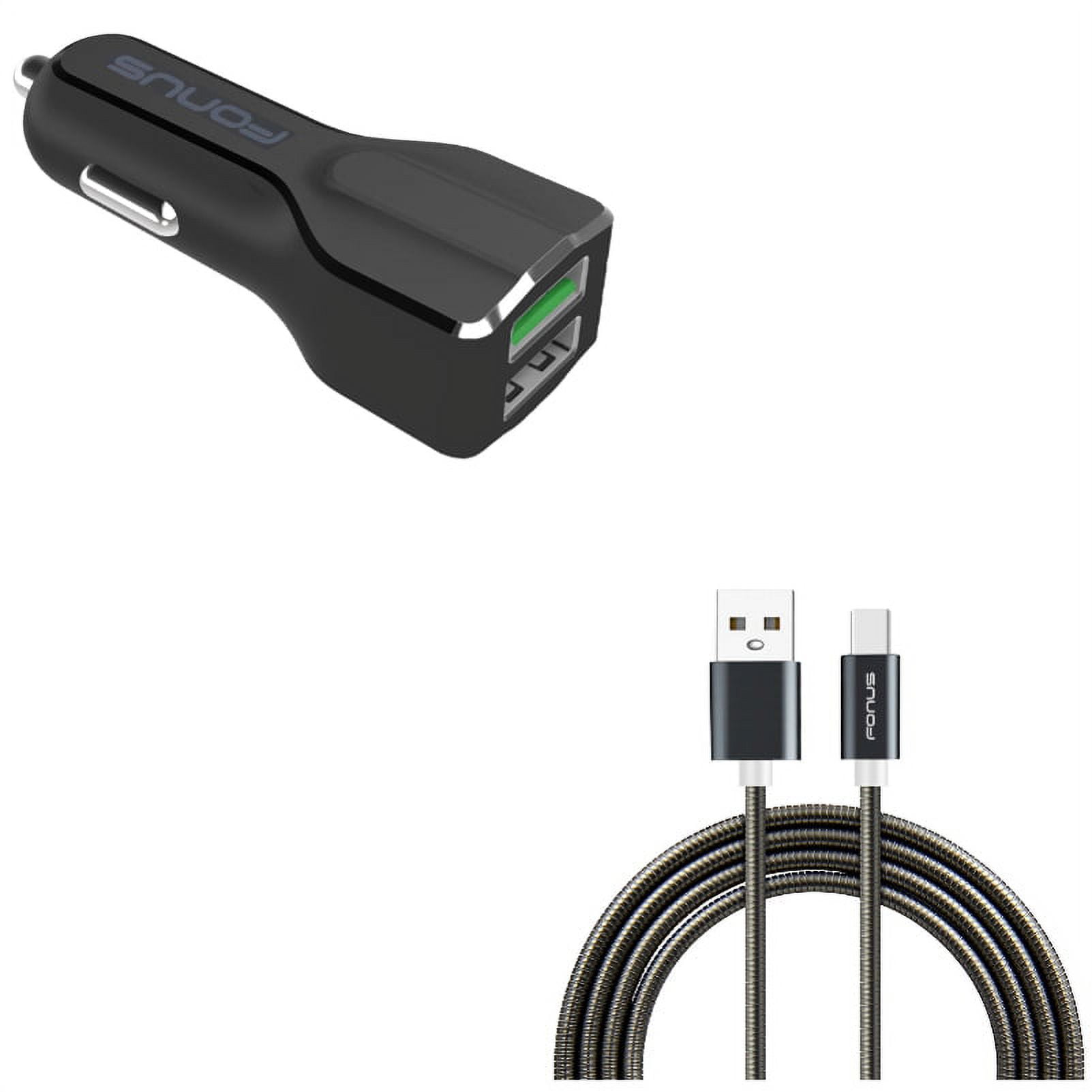 Type-C 3ft Metal USB Cable w 2-Port USB 30W Car Charger E3L for Motorola Moto G7 Power Play G6 - Nokia 3.1, 7.1, 8, Plus - OnePlus 5T, 6, 6T, 7 Pro - Razer Phone 2 - RED Hydrogen One