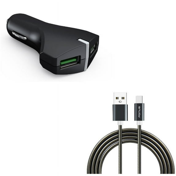 Type-C 3ft Metal USB Cable w 2-Port USB 36W Fast Car Charger V3W for RED Hydrogen One - Samsung Galaxy Tab S3 9.7 S9 Plus, S8+ S8, S10e S10 Plus active 5G Note 9 8 10 Plus A9 A50 A20 A10e