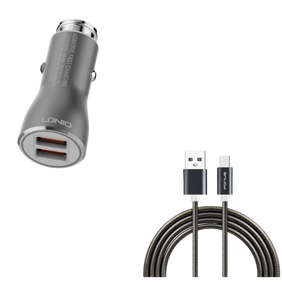 Type-C 3ft Metal USB Cable w 2-Port USB 36W Fast Car Charger A3J for LG V20, G6, V30 V50 ThinQ 5G, V40 ThinQ, V35 ThinQ, Q7 Plus, Google Nexus 5X, G8 ThinQ, G7 ThinQ, G Pad X II 10.1, Stylo 5