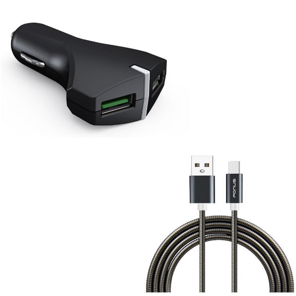 Type-C 3ft Metal USB Cable w 2-Port USB 36W Fast Car Charger X1X for LG V20, G6, V30 V50 ThinQ 5G, V40 ThinQ, V35 ThinQ, Q7 Plus, Google Nexus 5X, G8 ThinQ, G7 ThinQ, G Pad X II 10.1, Stylo 5