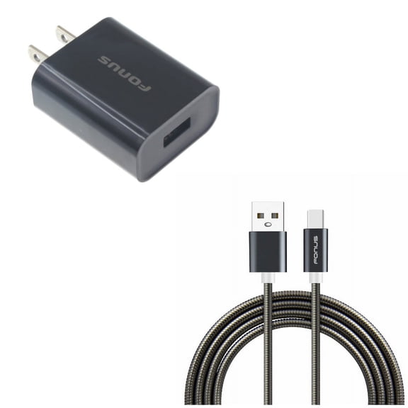 Type-C 3ft Metal USB Cable w USB 18W Quick Home Charger R2W for Samsung Galaxy Fold A9 A50 A20 A10e - Sonim XP8 XP3 - Sony Xperia 5 10 Plus 1 - Xiaomi Redmi Note 7, Mi Mix 2 9T 9