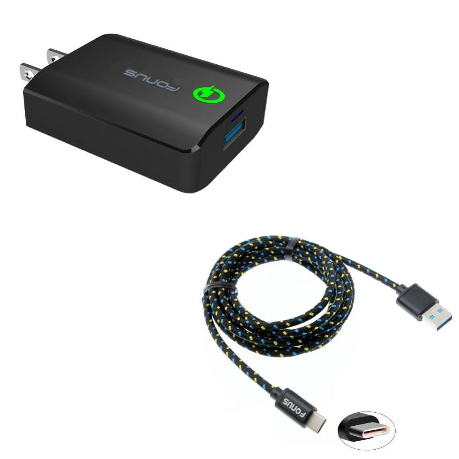 Type-C 6ft USB Cable w Fast 18W Home Charger Z3W for Motorola One, Moto Z4 Z3 Play Z2 Play Z Play Droid Force Droid X4 G7 Power Play G6 - Nokia 3.1, 7.1, 8, Plus - OnePlus 5T, 6, 6T, 7 Pro
