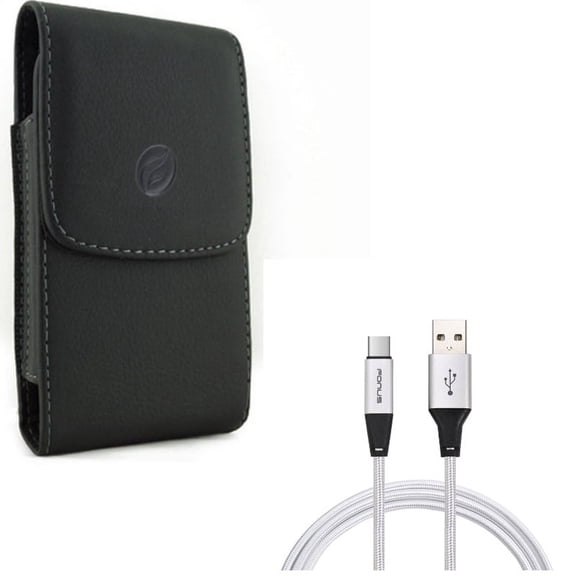 Type-C 6ft USB Cable w Leather Case Belt Clip for OnePlus 9, Nord N200 5G/N100/N10 5G, Pro Phone - Charger Cord Power Wire, Holster Cover Pouch A9Q for OnePlus 9, Nord N200 5G/N100/N10 5G, Pro