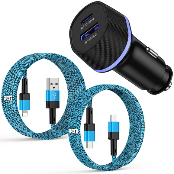 Type C Car Charger,Zacenei Set of 3PACK 48W PD&QC USB C Car Charger Adapter Compatible for iPhone Android Fast Charging Cigarette Lighter Socket w/ Type C Charger Cable 6FT&iPhone Charging Cords 10ft