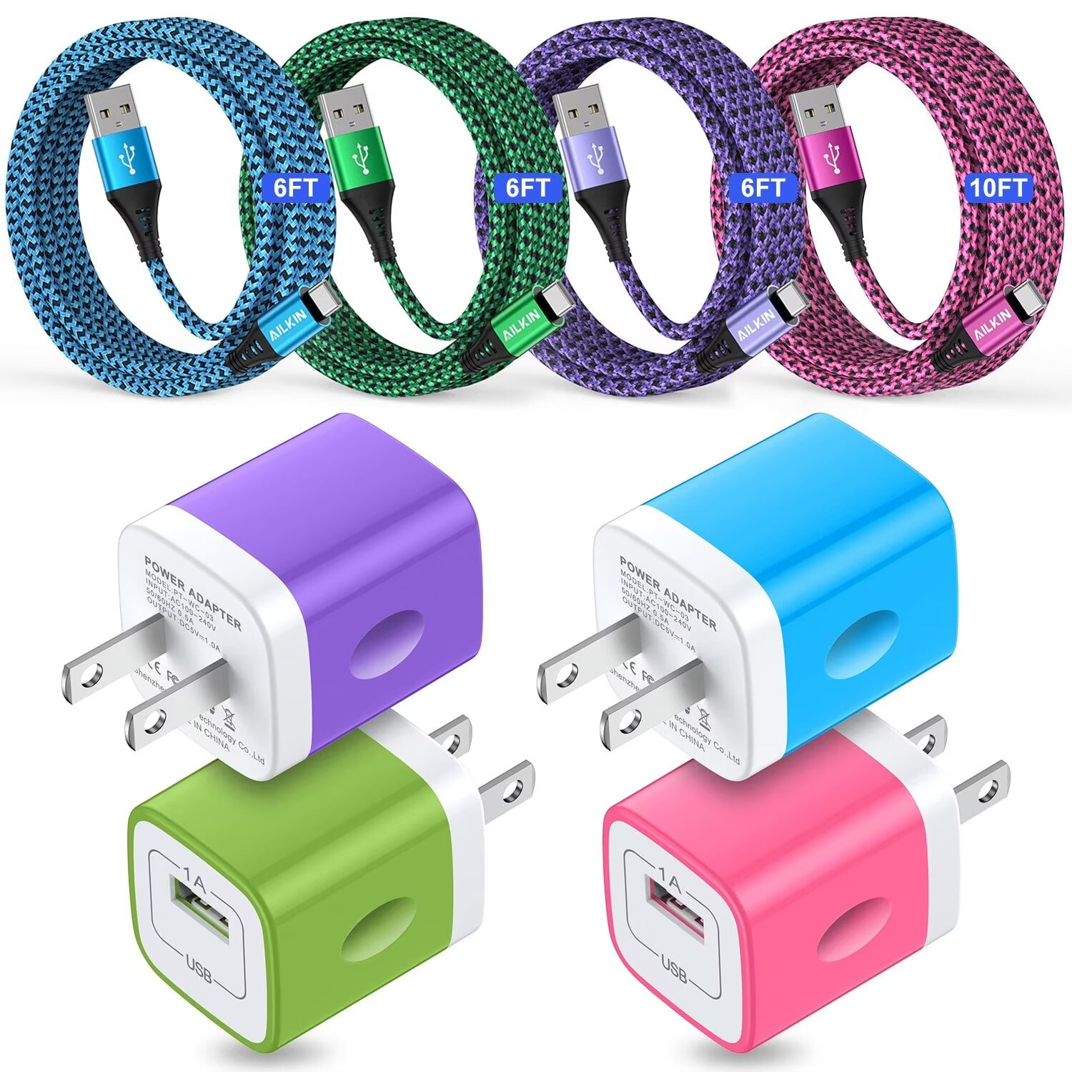 Type C Charger 10ft,USB Wall Charger Block Adapter,AILKIN 5V/1A/4Pack Plug Base Brick w USB Type C Charger Fast Charging Cable 6ft 10 feet Usb to Usb C Cord Phone Chargers for Android Phone