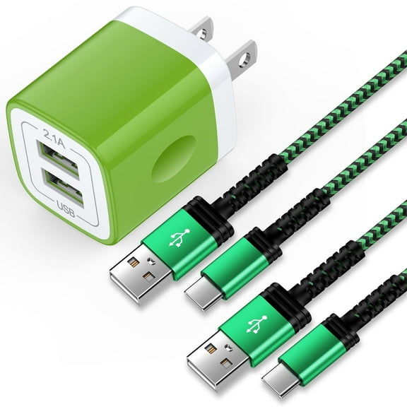 Type C Charger Block,2.1A 2 Port Charging Block with 2pcs 6FT USB C Cable,USB Wall Charger Adapter Plug Fast Charging Station Power Base w/Type C Charging Cable Compatible for Sumsung, Android,Green