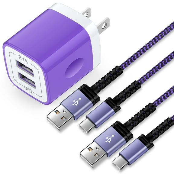 Type C Charger Block,2.1A 2 Port Charging Block with 2pcs 6FT USB C Cable,USB Wall Charger Adapter Plug Fast Charging Station Power Base w/Type C Charging Cable Compatible for Sumsung, Android,Purple
