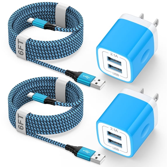 Type C Charger, 2 Pack USB Wall Charger with 6FT Type C Charging Cable Cord USB-C Charging Cable, Dual Port Phone Charger Android Fast Charger Block USB Plug Adapter USB Charging Block[Blue]