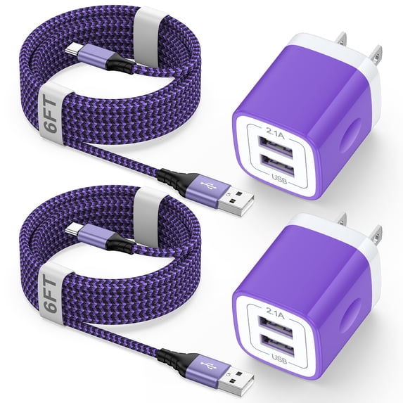 Type C Charger, 2 Pack USB Wall Charger with 6FT Type C Charging Cable Cord USB-C Charging Cable, Dual Port Phone Charger Android Fast Charger Block USB Plug Adapter USB Charging Block[Purple]