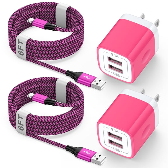 Type C Charger, 2 Pack USB Wall Charger with 6FT Type C Charging Cable Cord USB-C Charging Cable, Dual Port Phone Charger Android Fast Charger Block USB Plug Adapter USB Charging Block[Pink]