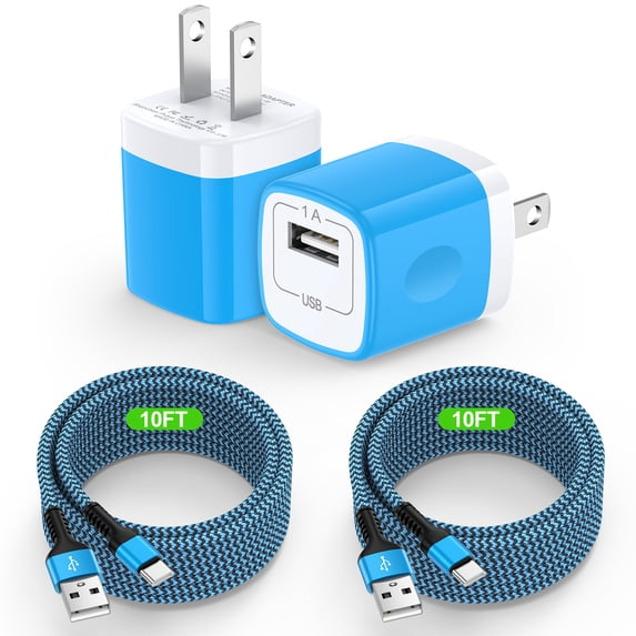 Type C Charger Block, 2 Pack Wall Charger Adapter with 10FT USB C Charging Cable, Type C Block Fast Charging USB C Brick Cube Charging Station Power Base Charger Box Phone Charger Cords, Blue
