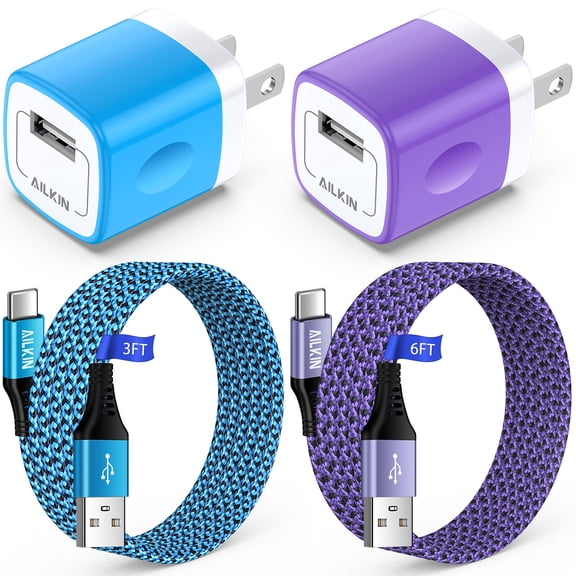 Type C Charger Fast Charging,2PACK AILKIN USB Wall Charger Block Usb A to Usb C Charging Cable 6 ft 3ft USB Charger Block Plug Adapter Android Fast Charger Block High Speed Phone Charger Cord Type C