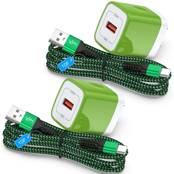 Type C Charger Block, 2Pack QC 18W Charging Block with 10FT USB C Charging Cable,USB C Wall Charger Plug Fast Charging Station Android Phone Charger Cords Compatible for iPhone Samsung Android,Green