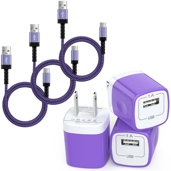 Type C Charger Block, 3 Pack Charging Block with 10FT USB C Cable, USB Wall Charger Adapter Plug Fast Charging Station Power Base with Type C Charging Cable Compatible for Samsung Android, Purple