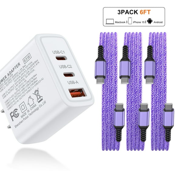 Type C Charger Block 3 Port 65W Wall Charger Fast Charger Adapter , USB C Charger Block with 3 Pack 6FT USB C to C Cable Cord Type C Charging Cable Fast Charging Block