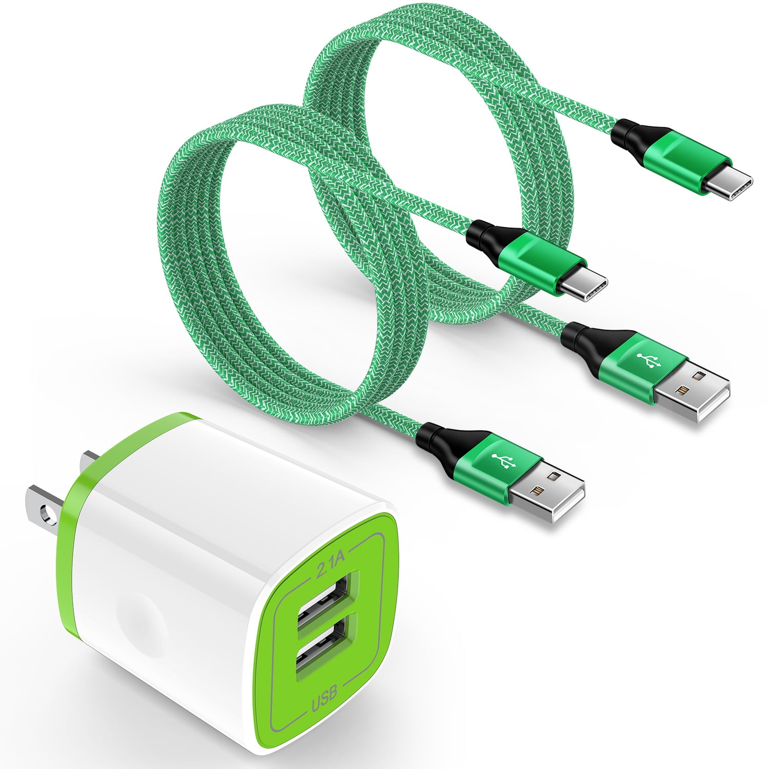 Type C Charger Block, Dual Port Wall Charger Adapter with 2pcs Type C Charging Cable 6FT, USB C Charger Fast Charging USB Brick Cube Power Base Charger Station Compatible for iPhone Samsung, Green