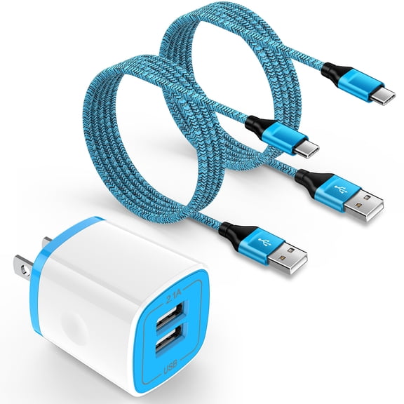 Type C Charger Block, Dual Port Wall Charger Adapter with 2pcs Type C Charging Cable 6FT, USB C Charger Fast Charging USB Brick Cube Power Base Charger Station Compatible for iPhone Samsung, Blue