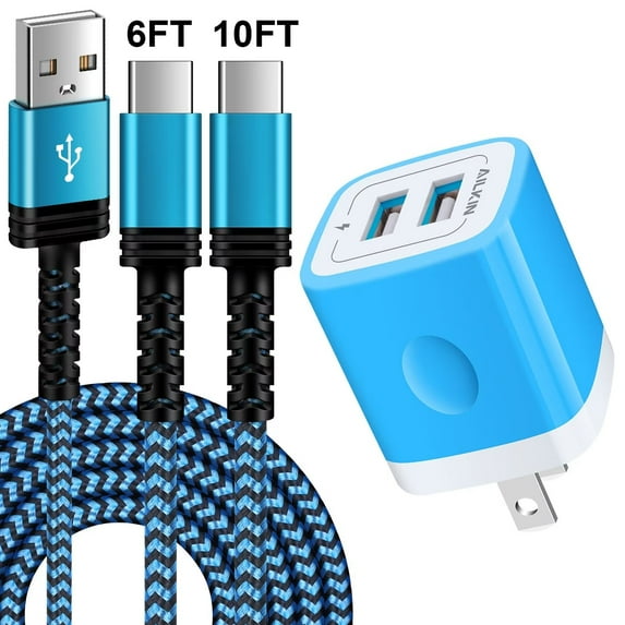Type C Charger Fast Charging 10 Feet,AILKIN Dual Usb Charger Block with 2PACK Usb A to Usb C Cable 6ft 10ft USB Wall Charger Block Adapter Plug High Speed Phone Android Charger Cord Type C,Blue