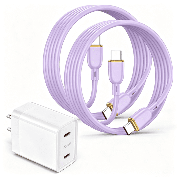 Type C Charger Block Fast Charging, Dual Port PD 25W Charger Block with 2pcs 6FT USB C to C Cable, USB C Block Wall Charger Adapter Charger Station Compatible for iPhone Samsung Android, Purple