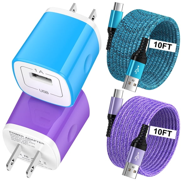 Type C Charger Block, Hootek 2 Pack USB C Cable 10FT Fast Charging Cable with USB Wall Charger Block,USB A to USB C Type C Cable Charging Cords,Type C Block Charger Adapter Cube USB Brick,Blue+Purple