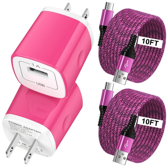 Type C Charger Block, Hootek 2 Pack USB C Cable 10FT Fast Charging Cable with USB Wall Charger Block, USB A to USB C Type C Cable Charging Cords, Type C Block Charger Adapter Cube USB Brick, Pink